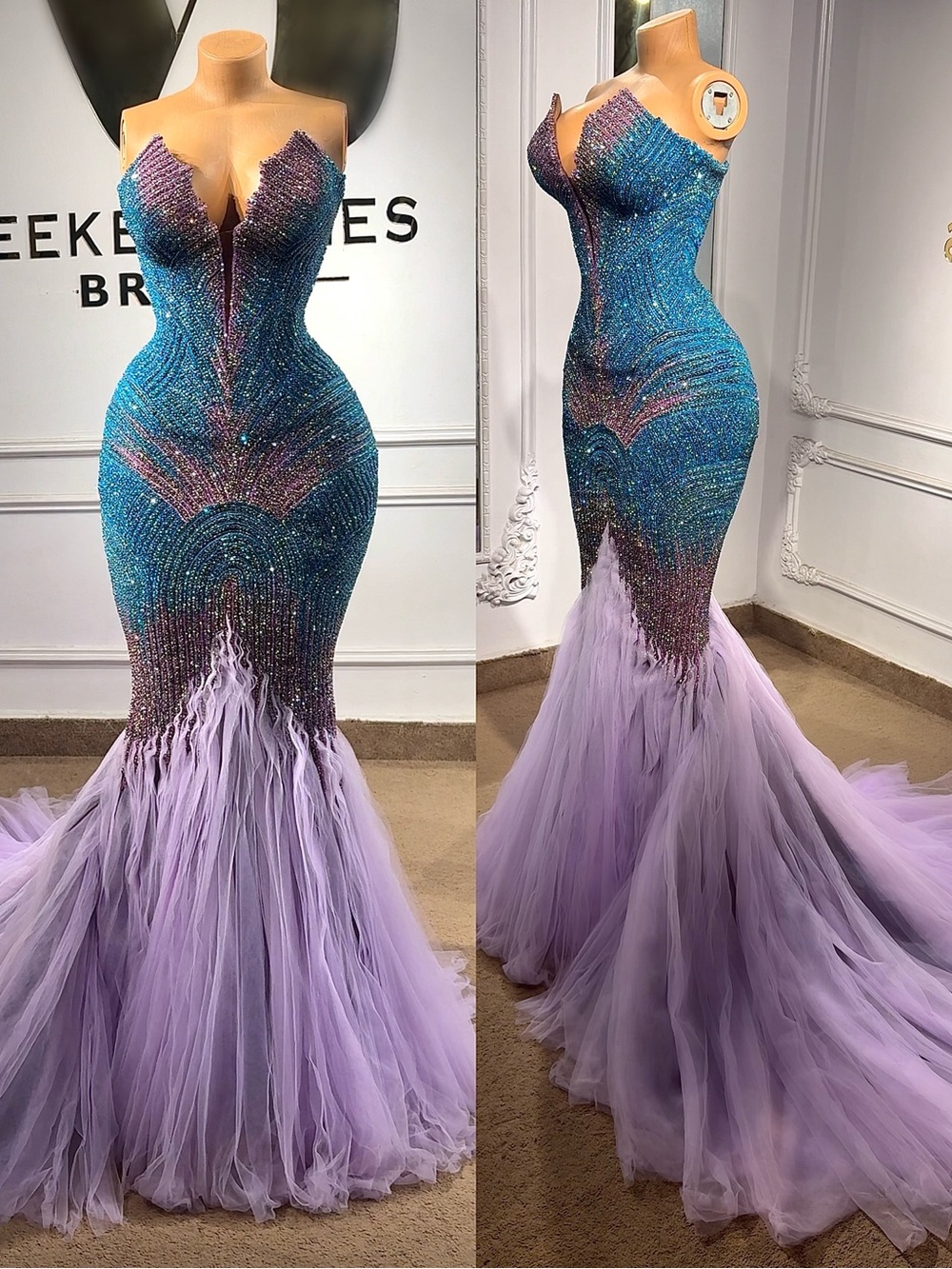 Strapless Beaded Mermaid Gown in Turquoise and Lilac